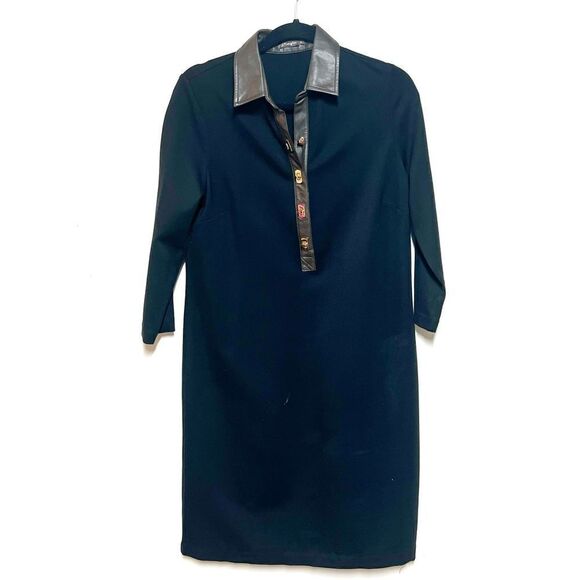 New J. McLaughlin Falcon Vegan Leather Trim‎ 3/4 Sleeve Knit Shirt Dress Sz M - Picture 2 of 6